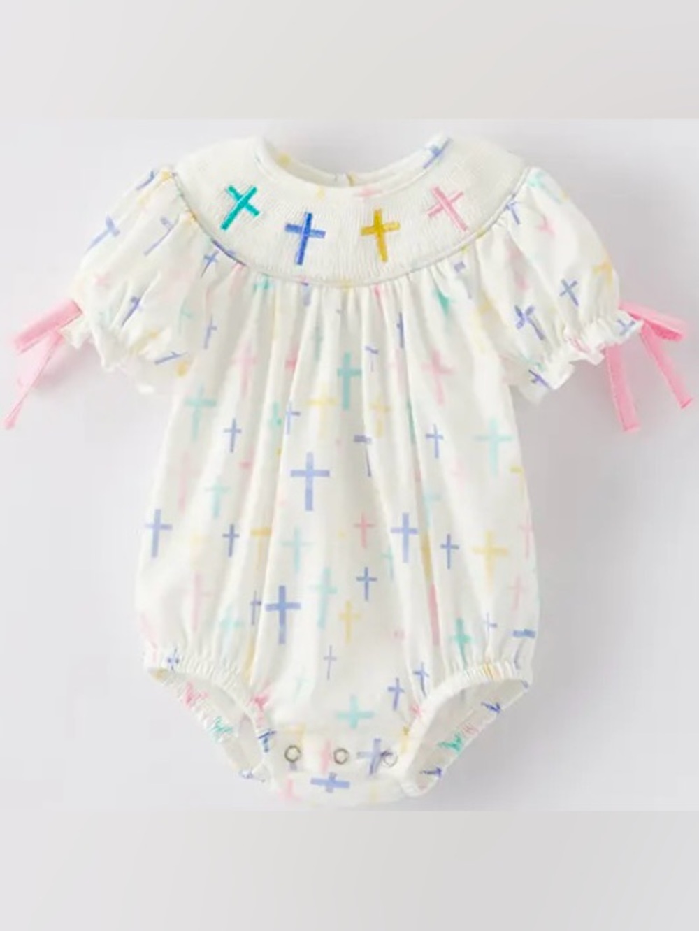 Boutique Baby Girl Pastel Crosses Pink Bow Smocked Bishop Bubble sz 6-12m